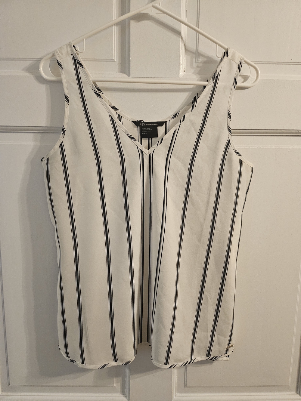 A/X Armani Exchange White & Blue/Black Stripe V-Neck Tank